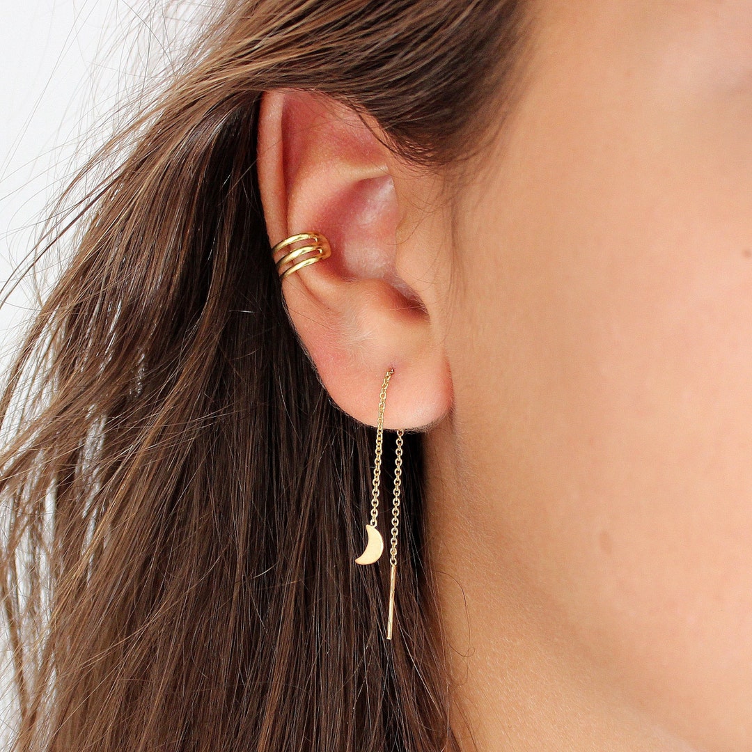 Moon Threader Earrings , Minimalist Earrings, Moon Earrings, Threader