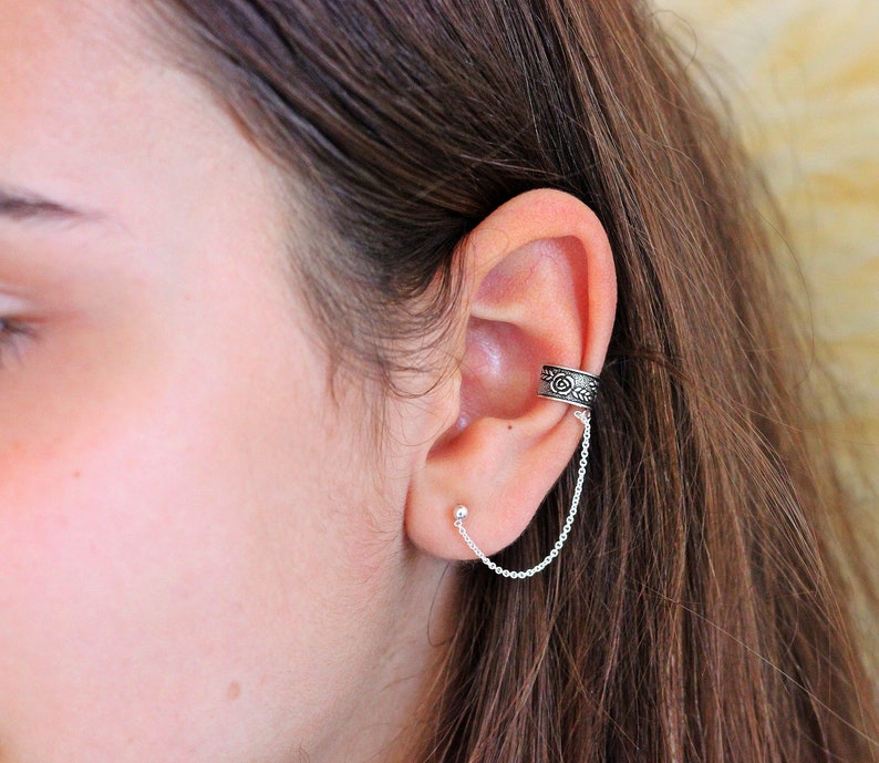 Ear Cuff With Chain Earring Set Sterling Silver Double Etsy