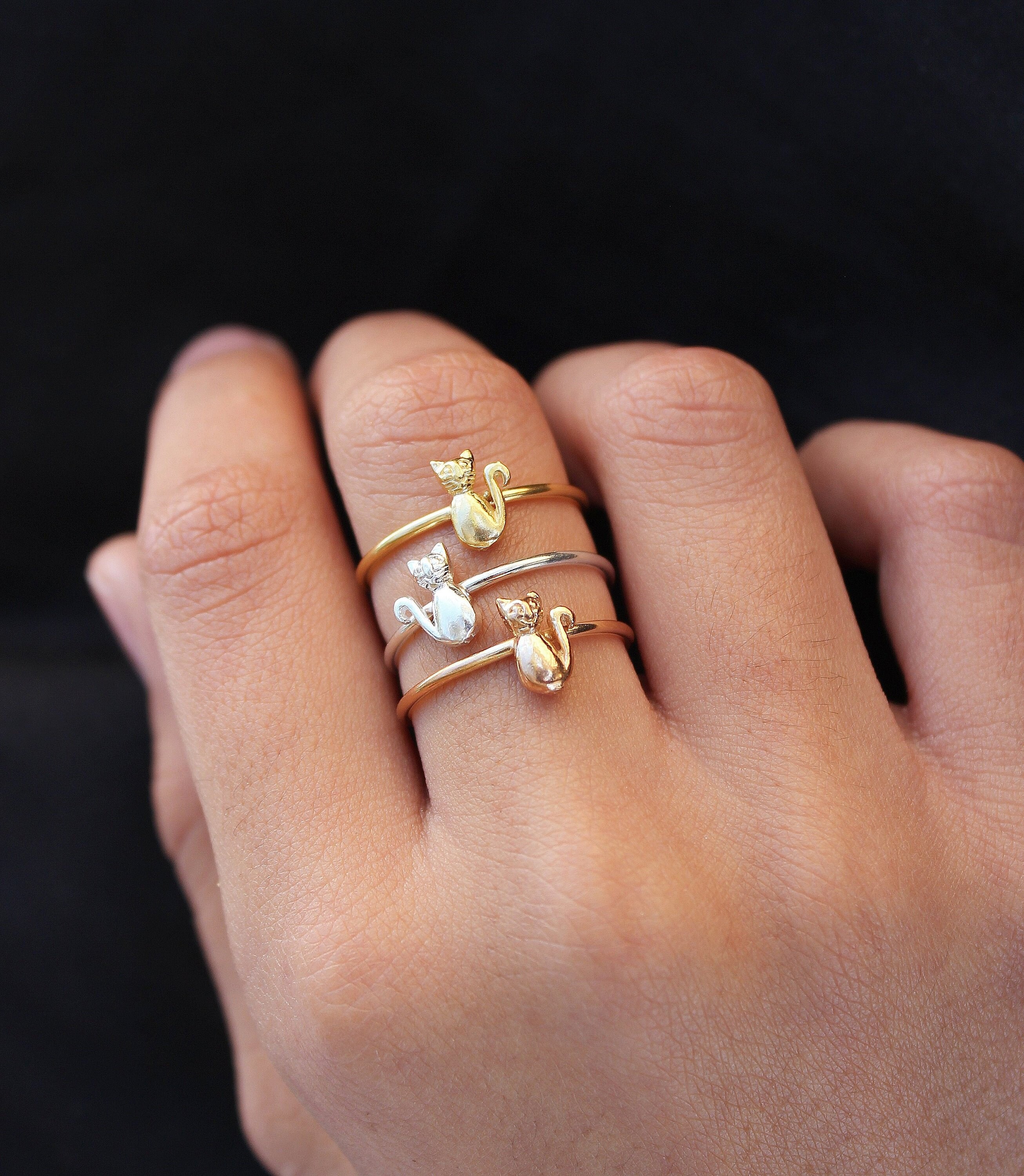 Cute Cat Sterling Silver Engagement Open Toe Rings Pet Lovers Dainty
