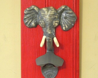 Elephant wall bottle opener wall hanging on crimson bead board with optional magnetic cap catcher - ready to ship