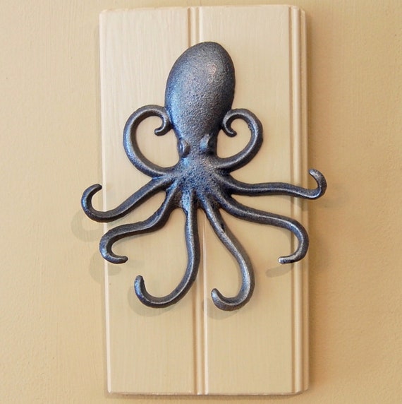 Octopus Wall Hooks Wall Hanging in Silver/blue on Cream Wall Key