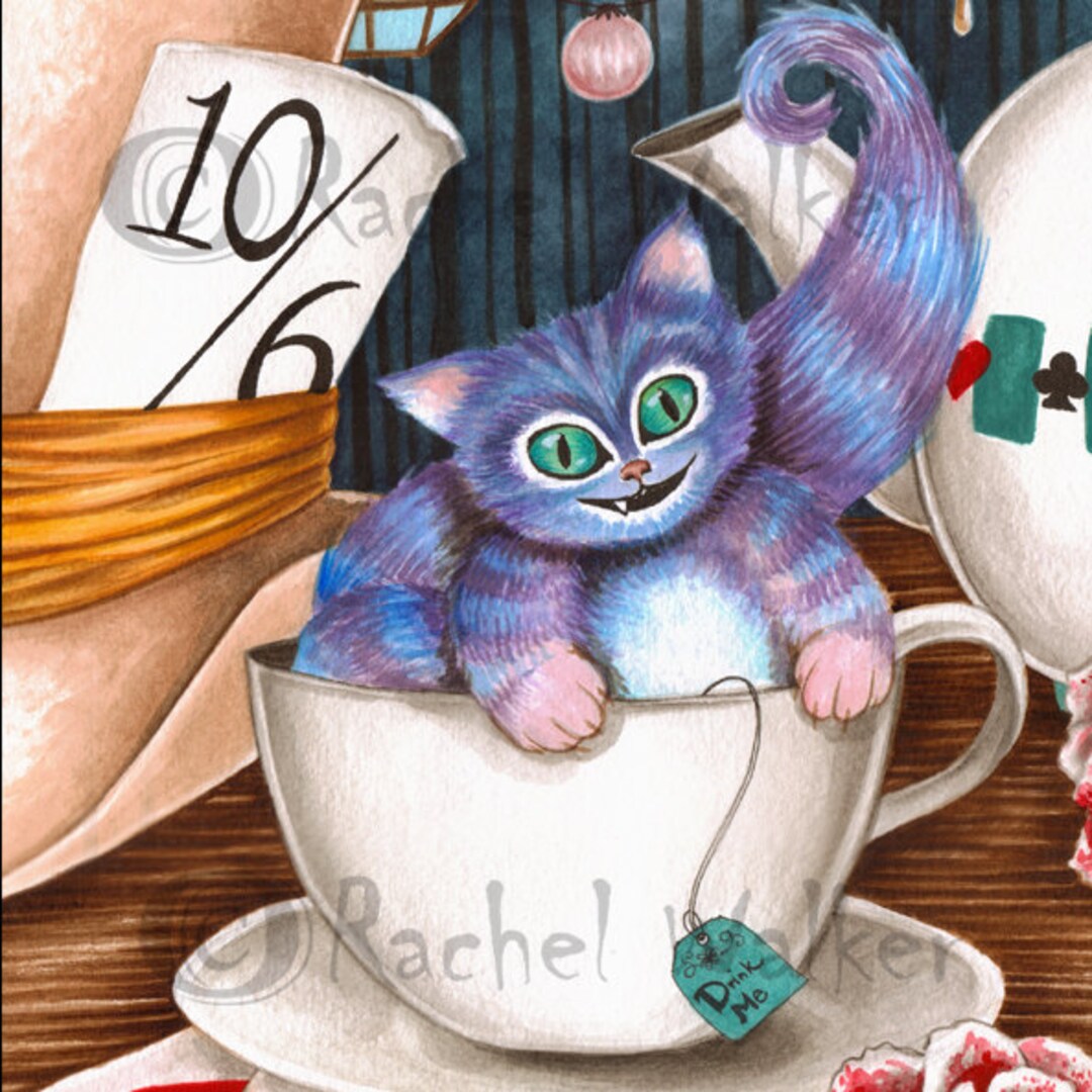 Cheshire Kitten, Cheshire Cat, Painted Rose, Tea Cup, Drink Me, Card