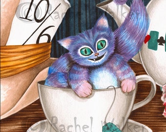 Cheshire Kitten, cheshire cat, painted rose, tea cup, drink me, card suits, psychedelic, cute, Alice, Wonderland, watercolor, Rachel Walker