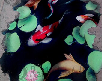 Beneath the Surface, bright orange red and black Koi fish, mint green water lilies, happy pink flowers, chalk pastel, Rachel Walker