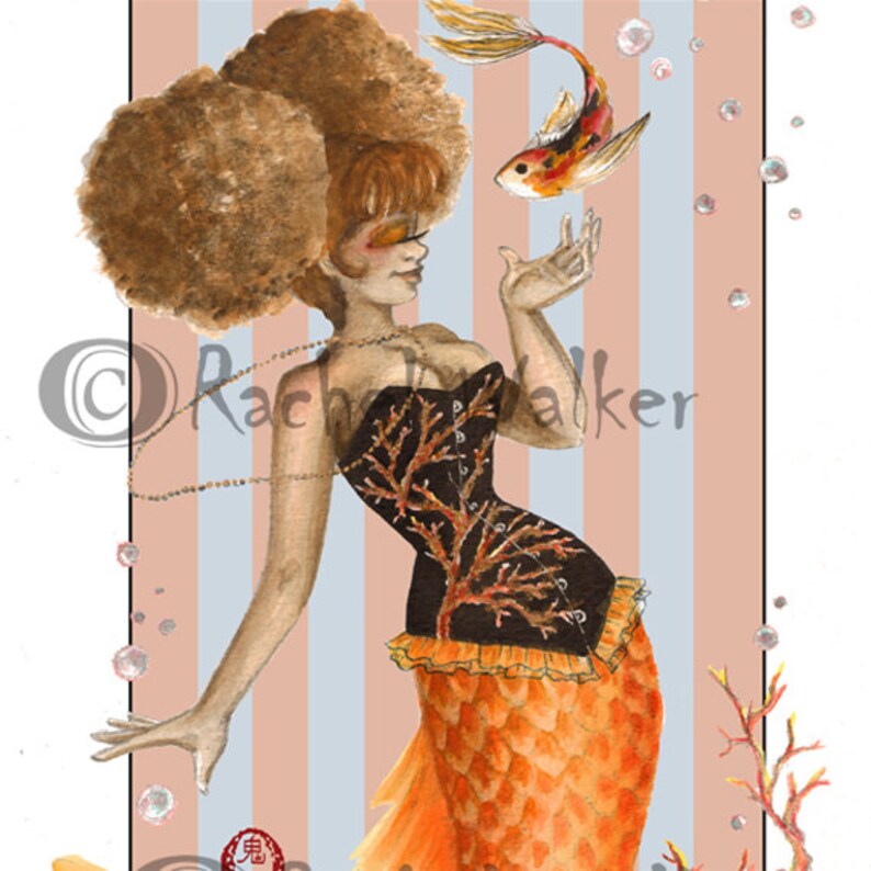 Coral Corset Mermaid cute girl with afro puffs goldfish image 1