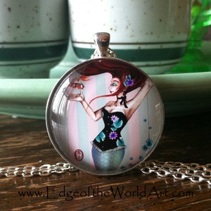NECKLACE Water Lily - Corset Mermaid with Red Hair and Green tail and koi fish painting by Rachel Walker