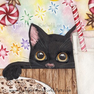 May include: A black cat with yellow eyes peeks over a wooden counter, looking at a plate of chocolate chip cookies and a glass of milk with a red and white striped straw. The background is a colorful watercolor design with stars and candy canes.