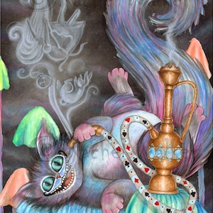 May include: A purple and blue cat with a mischievous grin lies on a green and blue mushroom, smoking from a gold hookah with a blue and white base. The cat's tail is curled around the hookah and there is a trail of smoke rising from the hookah.