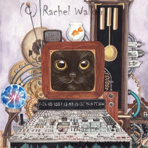 May include: A watercolor painting of a black cat's face in a vintage television screen. The television is part of a larger steampunk-inspired machine with gears, dials, and other intricate details. The text "T-26-08-1887-13-47-15-32°46 N-79-35 W" is visible on the machine.