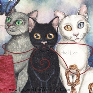 May include: A watercolor painting of three cats. A gray cat with green eyes, a black cat with yellow eyes, and a white cat with one yellow eye and one blue eye. The cats are connected by a red string with a spool of red thread and a golden rope.