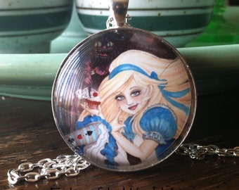 NECKLACE Alice, Dark sexy, blonde, cheshire cat, white rabbit, card suits, new take on Alice in Wonderland painting by Rachel Walker