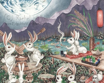 Rabbits on the Moon, mochi, moon viewing, Otsukimi, Jugoya, yokai, youkai, festival, Matsuri, Japanese, Creatures, party, Rachel Walker