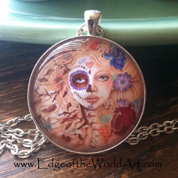 Persephone NECKLACE Beautifu, Death, Day of the Dead girl, pomegranets, Hades, Greek Myth, flowers, goddess, spring, by Rachel Walker