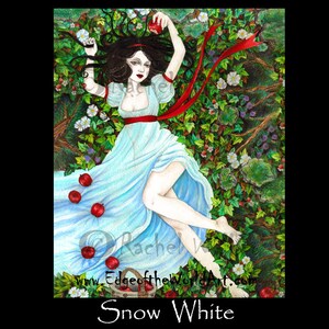 Snow White, Dark sexy, brunette, forrest, apple, sexy, red ribbon, ivy, flowers, poison apple, grimms fairytales, painting by Rachel Walker image 2