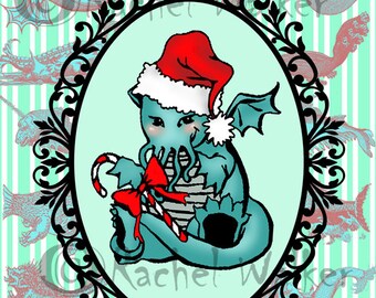 Christmas Cthulhu, HP Lovecraft, cute, baby monster, halloween, christmas, sea monsters, candy cane, bright, cheery, painting Rachel Walker