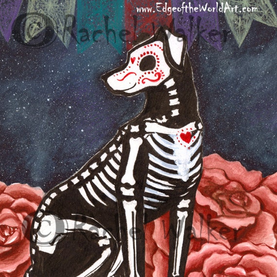 Diego, Skeleton Dog, Day of the Dead, Memorial, Familiar, Creepy, Cute,  Hallowen, Red Rose, Love, Sky, Black Ink, Watercolor, Rachel Walker -   Canada