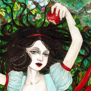 Snow White, Dark sexy, brunette, forrest, apple, sexy, red ribbon, ivy, flowers, poison apple, grimms fairytales, painting by Rachel Walker image 3