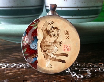 NECKLACE, Nekomata, Yokai, Happy, Japanese, Creatures, kaiju, monster, demon, cat, kimono pattern, wave, 2 tails, watercolor, Rachel Walker