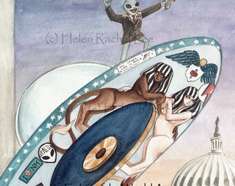 Chariot, tarot card, night sky, washington DC, Spookie the Cat, star, space ship, flying saucer, fly, retro, big eyes, cute, Rachel Walker