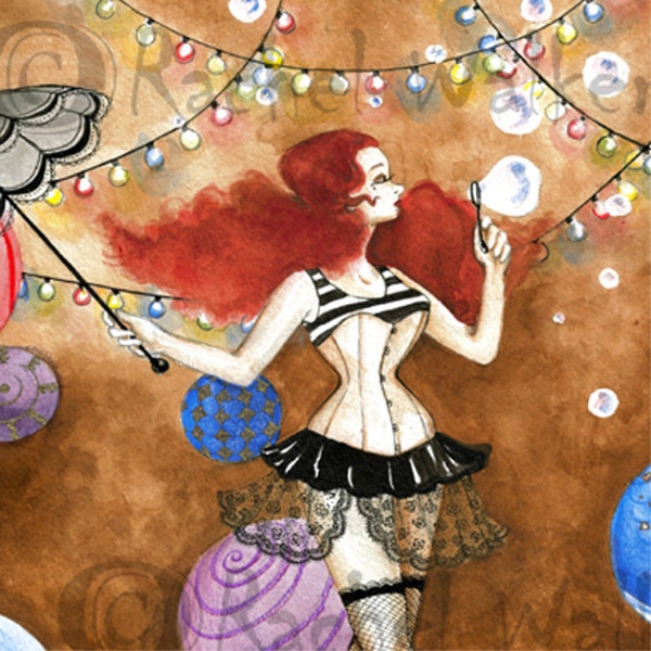 All the World's a Stage, Beautiful Elegant Red haired circus girl, bubbles, parasol, vaudille, burlesque, Victorian, parasol, Rachel Walker