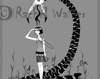 Where's Fluffy, Edward Gorey inspired, 1920's, flapper, girl and giant snake, missing dog, ink drawing, Black and Grey,  by Rachel Walker