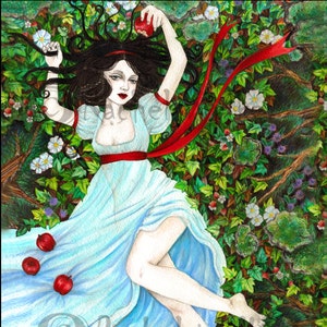 Snow White, Dark sexy, brunette, forrest, apple, sexy, red ribbon, ivy, flowers, poison apple, grimms fairytales, painting by Rachel Walker image 1