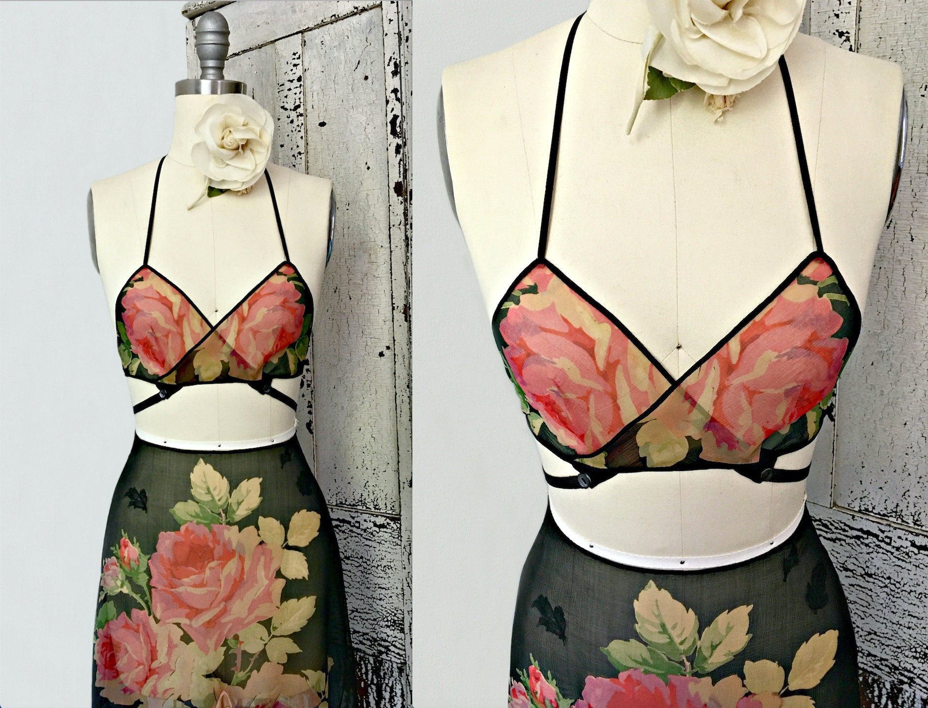 Vintage Lingerie Handmade OOAK Upcycled 1920s Silk Chiffon Rose Print  Kestos Style Bra & Bias Cut Tap Pants, Sml. Bra, 24 Waist 