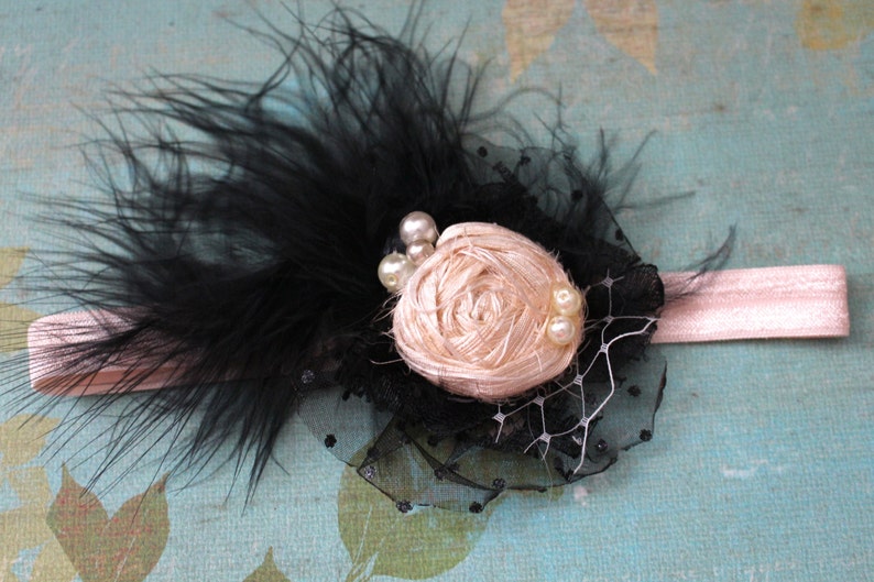 Baby Girl Headband, Black and Nude Headband, Flower Girl, Newborn Photo, Rose and Feathers Headband, Kids Hair Accessory, Big Girl image 5