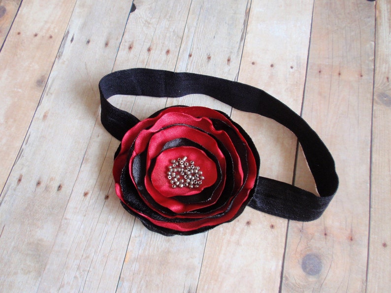 Red and Black Layered Flower Headband, Single Flower Hairpiece, Holiday Hair Clip, Flower Hair Pin, Handmade Headband, Photo Prop, image 5