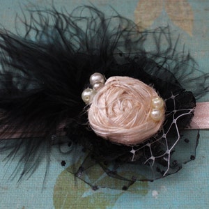 Baby Girl Headband, Black and Nude Headband, Flower Girl, Newborn Photo, Rose and Feathers Headband, Kids Hair Accessory, Big Girl image 3