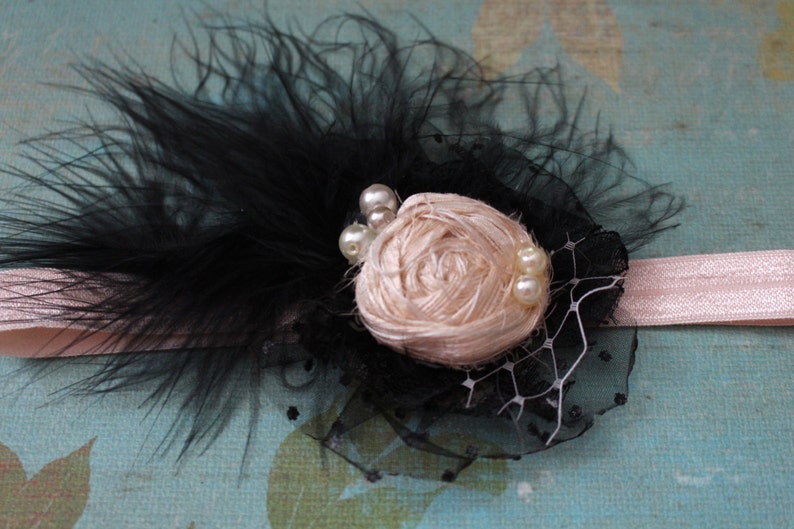 Baby Girl Headband, Black and Nude Headband, Flower Girl, Newborn Photo, Rose and Feathers Headband, Kids Hair Accessory, Big Girl image 3