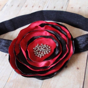 Red and Black Layered Flower Headband, Single Flower Hairpiece, Holiday Hair Clip, Flower Hair Pin, Handmade Headband, Photo Prop, image 1