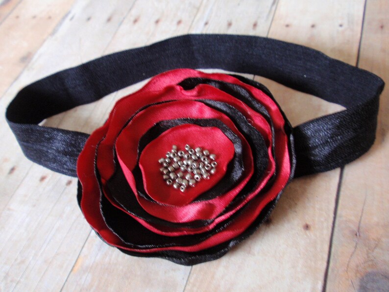 Red and Black Layered Flower Headband, Single Flower Hairpiece, Holiday Hair Clip, Flower Hair Pin, Handmade Headband, Photo Prop, image 1