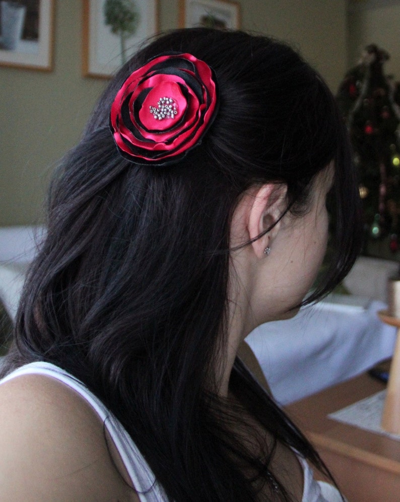 Red and Black Layered Flower Headband, Single Flower Hairpiece, Holiday Hair Clip, Flower Hair Pin, Handmade Headband, Photo Prop, image 4