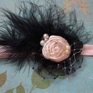 Baby Girl Headband, Black and Nude Headband, Flower Girl, Newborn Photo, Rose and Feathers Headband, Kids Hair Accessory, Big Girl image 1