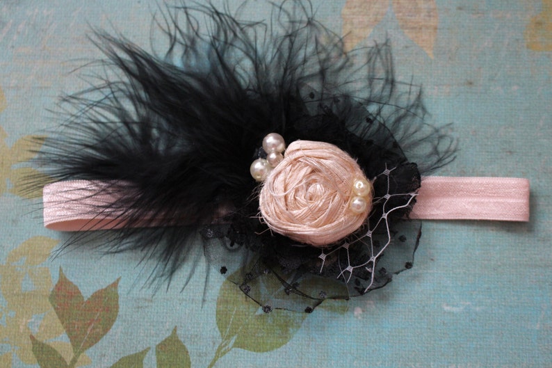 Baby Girl Headband, Black and Nude Headband, Flower Girl, Newborn Photo, Rose and Feathers Headband, Kids Hair Accessory, Big Girl image 1