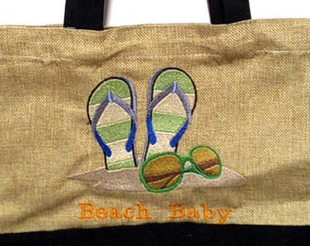 Flip flop with sunglasses beach baby Embroidered Summer tote bag.  It's  prefect time to get accessories for the beach.