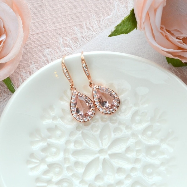 Morganite Pink Earrings, Blush Pink Bridal Earrings, Pink Rose Gold Bridesmaid Earrings, Rose Gold Bridal Jewelry, Bridesmaid Gift Set