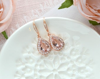 Boucles d'oreilles rose morganite, boucles d'oreilles de mariée rose blush, boucles d'oreilles de demoiselle d'honneur rose or rose, bijoux de mariée or rose, coffret cadeau de demoiselle d'honneur