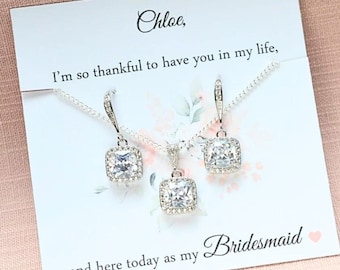 Bridesmaid Gift Set, Bridesmaid Jewelry Set, Silver Bridesmaid Pendant Set, MOH Gift, Bridesmaid Gift, Bridal Party Jewelry Set
