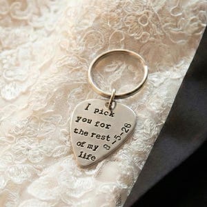 Personalized Guitar Pick Keychain, Bride to Groom Wedding Gift