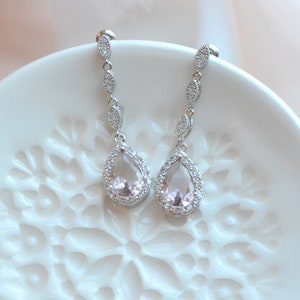 Long Blush Pink Bridal Earrings, Blush Morganite Bridal Earrings, Light Pink Earrings, Long Drop Bridal Earrings, Bridal Party Gifts
