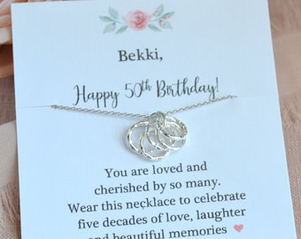 50th Birthday Sterling Silver Five Circle Necklace, Personalized Gift