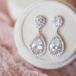 Pendientes de novia de cristal, pendientes de boda, pendientes de novia en forma de lágrima, pendientes de botón de cristal, joyería de boda, accesorios de boda