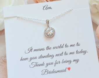 Cubic Zirconia Halo Bridesmaid Necklace, Sterling Silver Pendant