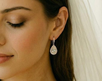 Teardrop CZ Bridal Earrings, Dangle Wedding Jewelry