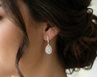 Sterling Silver CZ Teardrop Bridal Earrings - Dainty Dangle Wedding Jewelry