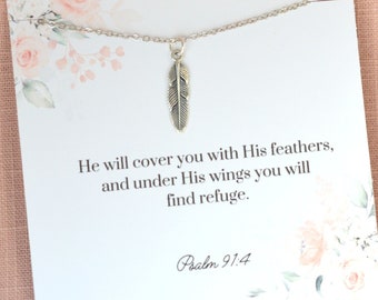 Encouragement Necklace, He Will Cover You With His Feathers, Feather Necklace, Psalm 91 4 gift, Comfort, Christian jewelry, Sympathy gift