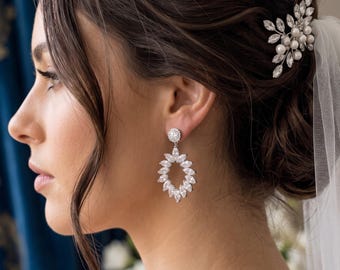 Silver Statement Bridal Earrings, Cubic Zirconia Hoop Wedding Day Earrings