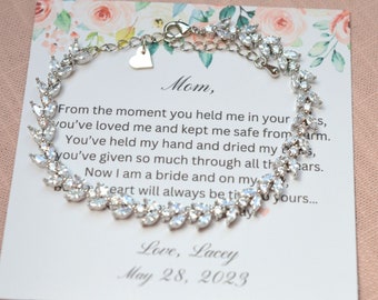 Personalized Mother of the Bride Gift, CZ Silver Bridal Bracelet with Custom Card